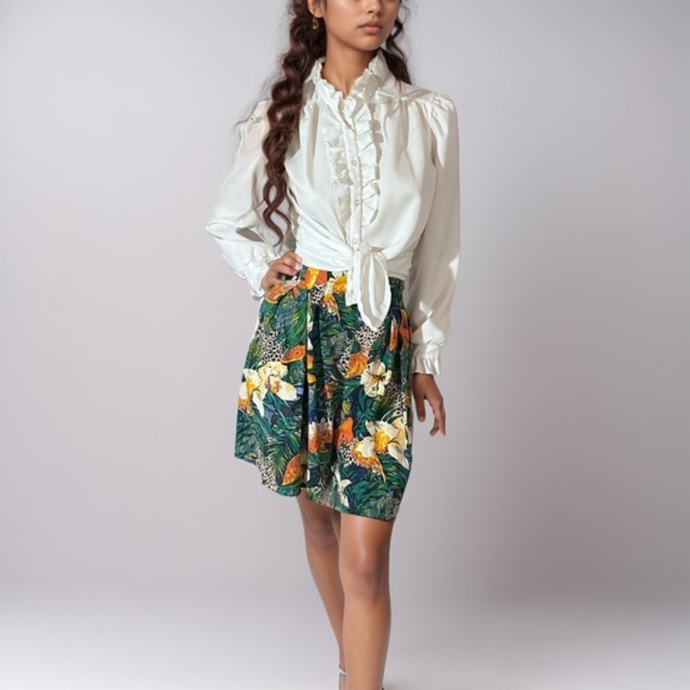80s Tropical Print Cotton Shorts | Jungle Safari High-Waisted Summer Style | M